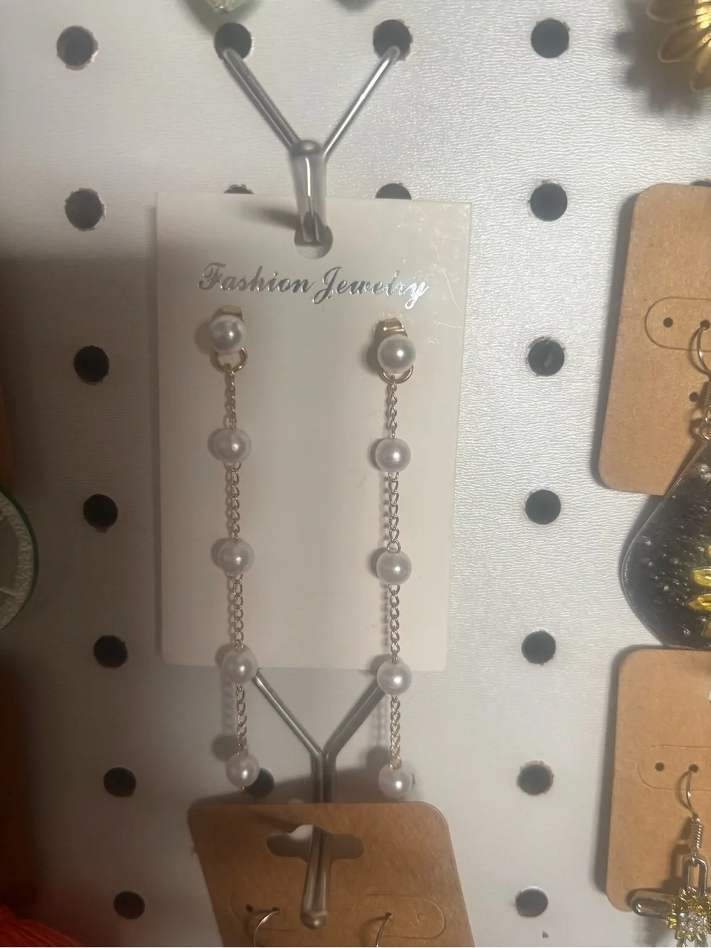 Pearl Drop Chain Earrings - White Faux Pearl Dangle
